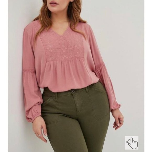 Torrid Crinkle Gauze Boho Embroidered Top Long Sleeve in Dusty Pink Rose 1X - Picture 1 of 5